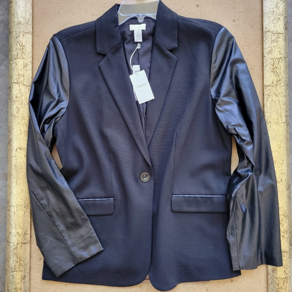 Black Chico's Blazer Faux Leather Sleeve Jacket NEW 2 L 12